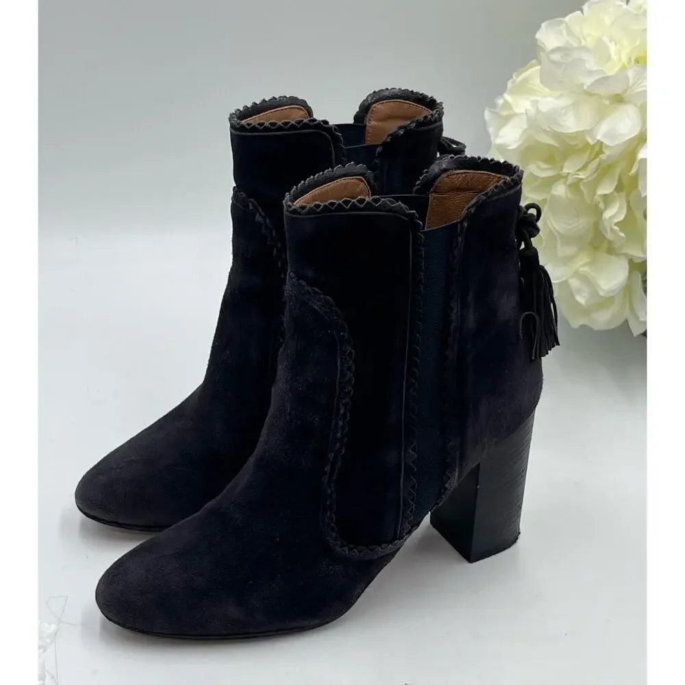 Aquazzura Firenze Black Gray Suede Tristan Fringe Ankle Bootie‎ Tassel 37.5,Sz 7